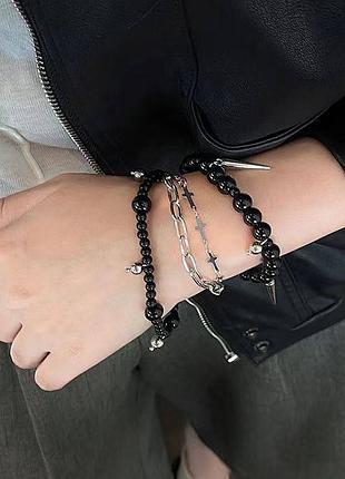 Браслет багатошаровий з шипами хрестами готика грандж