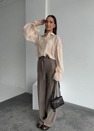 Брюки женские коричневые с поясом кашемировые теплые осенние зимние