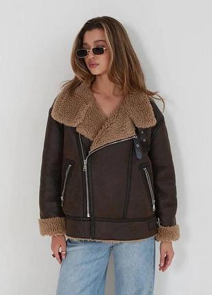 Женская коричневая дубленка авиатор рр 42-56