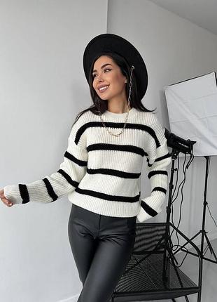 Теплый свитер в полоску оверсайз из акрила и шерсти, кофта тепла полосатая без горла, свитер батал полоскатый