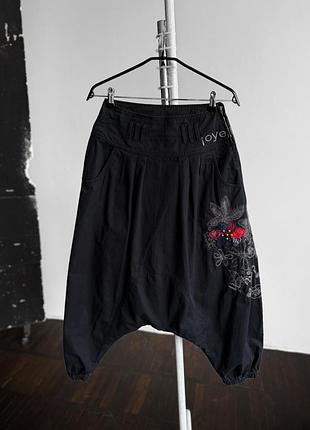 Desigual womens black embroidered applique harem drop crotch trousers жіночі, чорні, штани, шаровари, з вишивкою, desigual, дезігуал