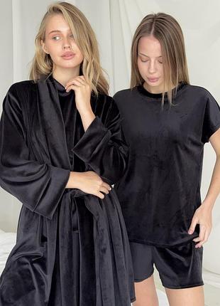 Черная пижама плюш велюр четверка 4 в 1 футболка шорты штаны халат