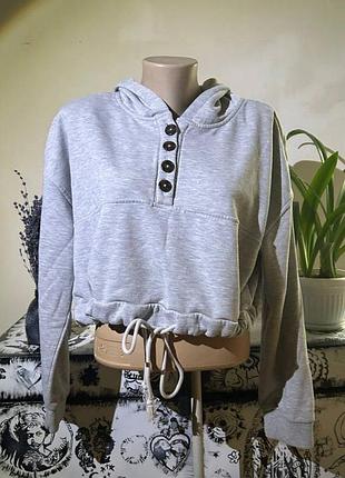 Серое укароченое худи с капюшоном