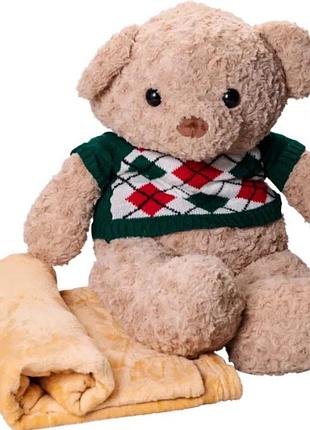 М'яка іграшка ведмедик у зеленому светрі з пледом 110*150см