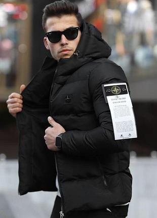 Чоловіча зимова куртка stone island пуховик на холлофайбері чорна / хакі тепла стильна