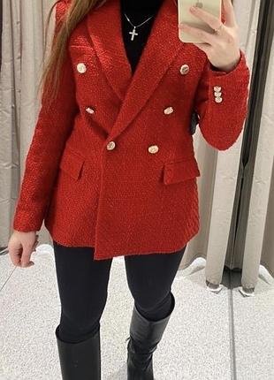 Піджак zara жакет червоний твідовий приталений з ґудзиками