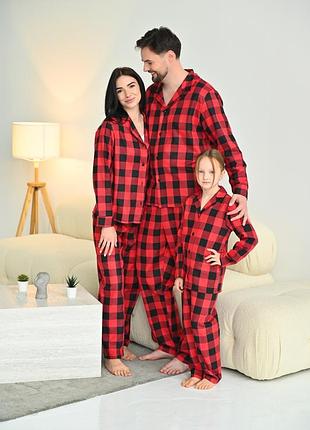 Фланелева піжама байка family look в червону клітинку жіноча чоловіча дитяча новорічна