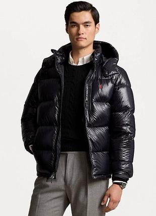 Куртка пуховик чорна лаке з капюшоном