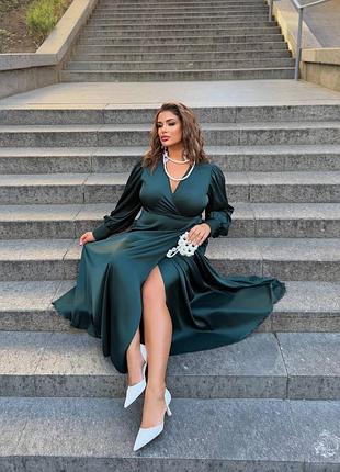 Шовкова сукня максі великих розмірів зелена