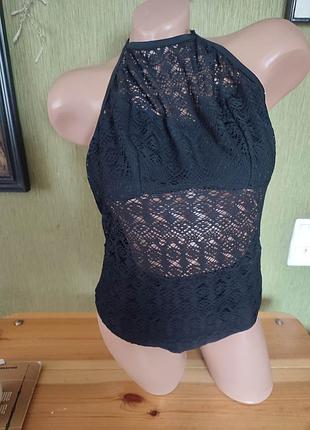 Купальник кружевной вязаный черный слитный