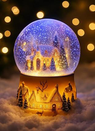 Різдвяний світильник «домик у кулі» 15 см з обертанням і снігопадом (led, на батарейках)