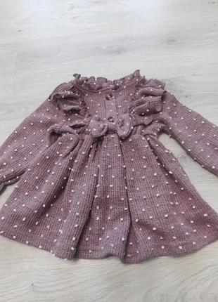Теплое сиреневое платье с воланами и бантиком на 9-12 месяцев, вязаное пышное платье лиловое в горошек с рюшами