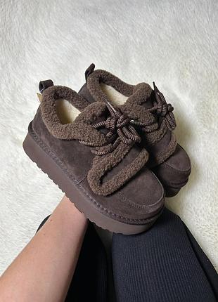 Трендові сноубутси уггі шоколадні на липучці, уггі на високій підошві. угги можні на шнурівці