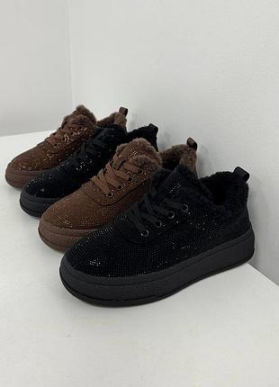 Кеды с камушками утепленные женские натуральная замша + камешки + мех teddy