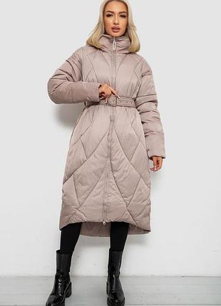 Зимове тепле пальто довге з каптуром стьобане зимова куртка довга з каптуром стьогана тепла утеплена з поясом на зиму пуховик довгий світлий