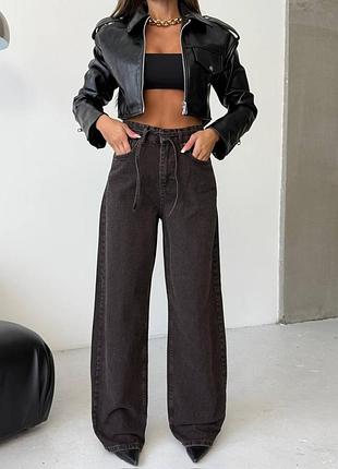 Женские прямые черные джинсы пояс на завязках