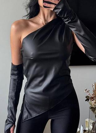 Жіночий топ з еко шкіри ☺️ шкіряний чорний топ ♥️