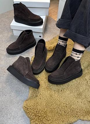 Шоколадні коричневі замшеві черевики лофери демісезонні зимові колір на вибір