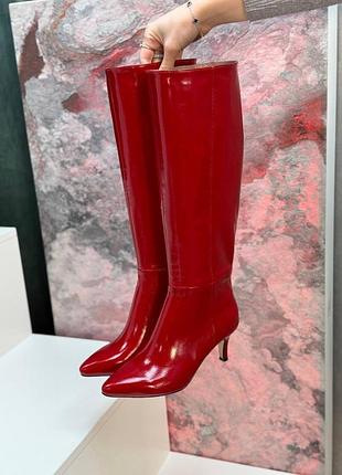 Червоні лаковані чоботи труби шпилька гострий ніс вінтаж
