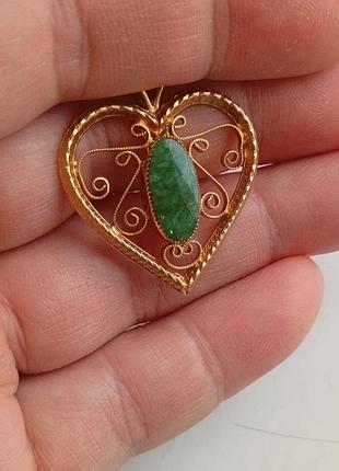 Кулон подвеска catamore 60х, винтаж антиквариат сердце, dec. 14к gf, позолота, камень нефрит