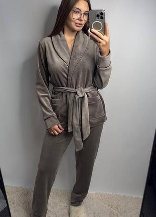 Домашній костюм піжама велюр плюш штани кофта на запах