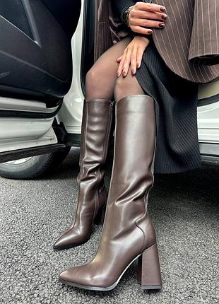 Чоботи сапоги на підборі каблуці широкому коричневі