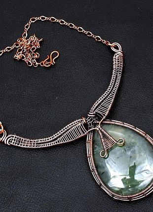 Кольє з натуральним пренітом в техніці wire wrap, плетіння з мідної проволки, етніка