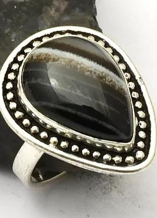 Кольцо с черным агатом, размер 19.5