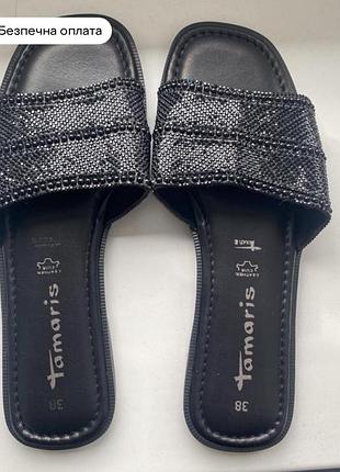 Тапочки шльопанці чорні шкіряні з бісером жіночі