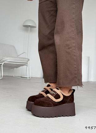 Черевики - уггі жіночі коричневі зима / зимові уггі шоколадного кольору на платформі / зимові черевики шоколадного кольору на липучках