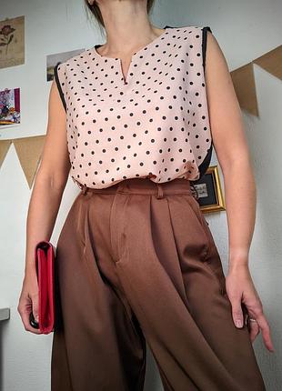 Блуза в горошок беж чорна l шифон пряма топ вінтаж ретро стиль