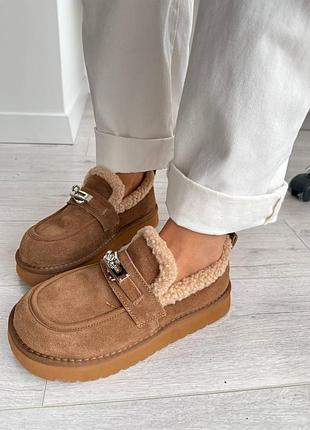 Лофери черевики натуральні замшеві з хутром руді кемел жіночі на платформі демі зима