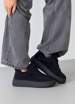 Черные женские кеды из натуральной замши на зиму