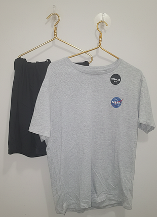 ​🚀 мужской комплект sinsay - футболка nasa + черные шорты (l)