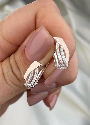 Оплата 100%🇺🇦 серьги серебро 925пробы золото 375пробы пластины, куб.цирконии дорожки 1603.50