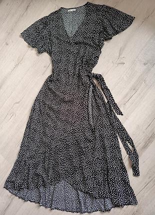 Красивое долгое миди платье из вискозы на запах черная в горошек большого размера батал xxl