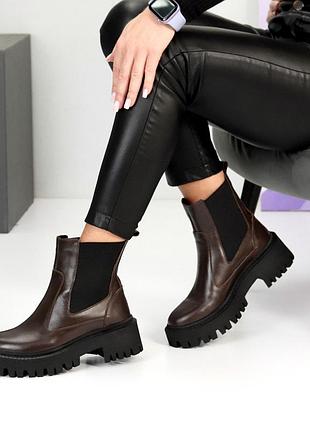 Шкіряні жіночі коричневі черевики демісезонні черевики на флісі натуральна шкіра весна