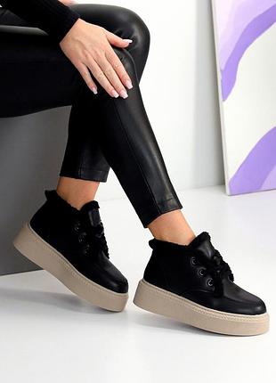 Кожаные женские черные ботинки зимние ботинки теплые на меху натуральная кожа зима