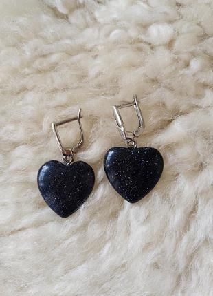 Серьги сердечка из натурального камня ночь каира