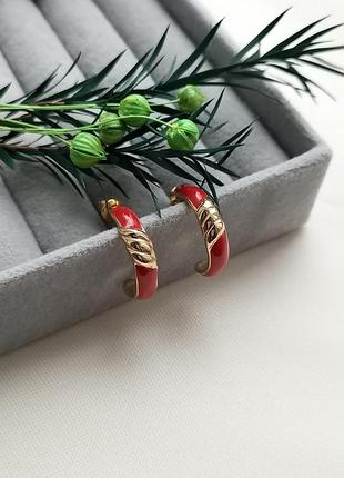Винтажные серьги кольца, красная эмаль, винтаж