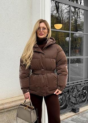Куртка пуховик зима шоколад з капюшоном та поясом