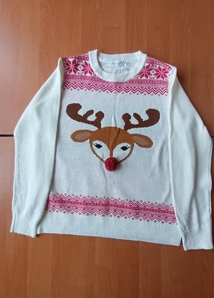 Новогодний женский свитер с оленем, 12-14 размер.