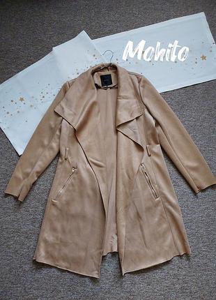 Фирменное бежевое пальто, плащ, кардиган mohito, под замшу, без пояса.