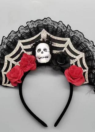 Обруч на хелловін з черепом та квітами one size різнобарвний