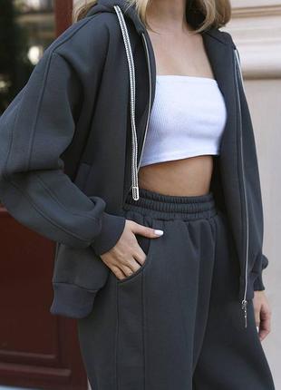 Женский качественный теплый спортивный прогулочный костюм с капюшоном серый графитовый