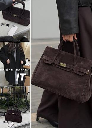 Жіноча офісна сумка-тоут із натуральної замші — шоколадна, формат a4, італія