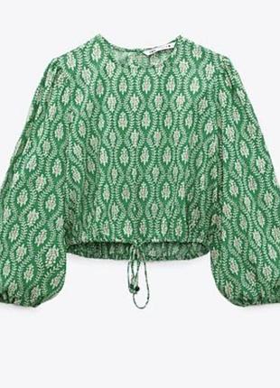 Блуза zara зелена блузка з узорами на завʼязках зара
