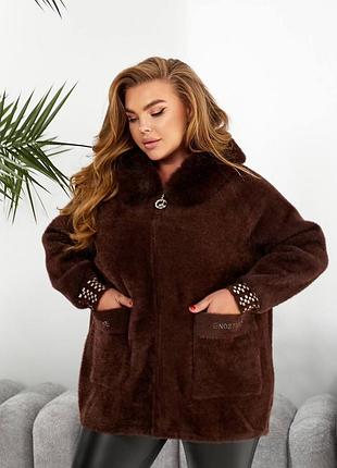 Женское теплое пальто полупальто с капюшоном альпака коричневое шоколад