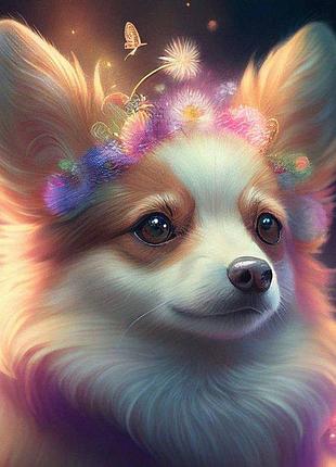 Алмазная мозаика "папийон с цветочной короной", 30*40см, на рамке s20066 yargo