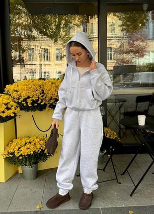 Жіночий повсякденний теплий спортивний костюм двійка штани та кофта на змійці з капюшоном тканина турецька тринитка на флісі пеньє